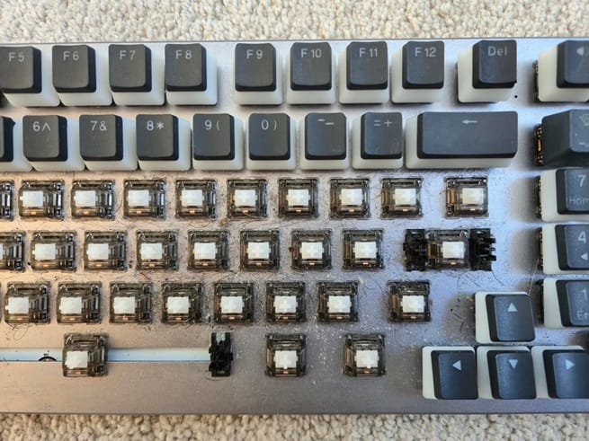 A keyboard with its keycaps removed, showing the accumulated fur underneath.